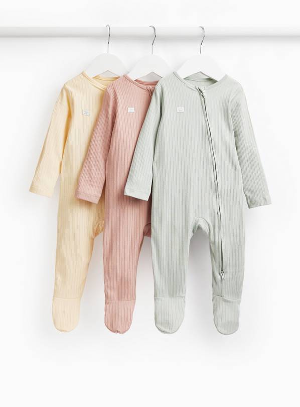 Assorted Colours Ribbed Sleepsuits 3 Pack 3-6 months